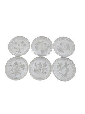 Vintage Val St Lambert Crystal Floral Etched Coasters Set of 6 Signed Belgium